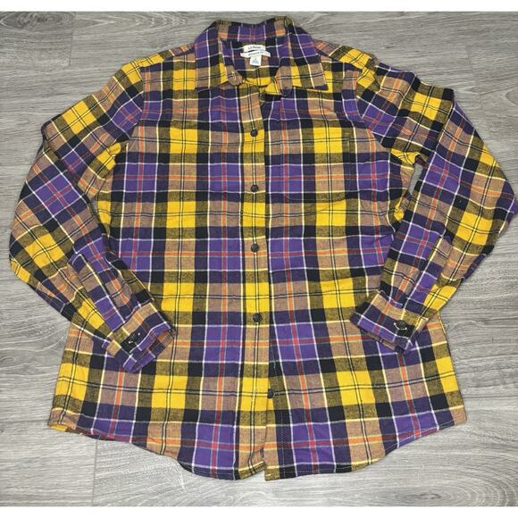 L.L. Bean Flannel Shirt Small Relaxed‎ Fit Yellow Purple Plaid Cabincore Camping - Picture 1 of 6